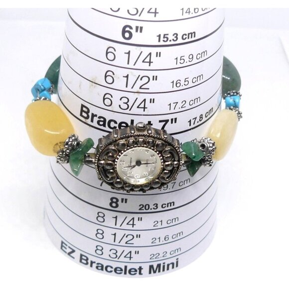 Vintage Geneva Quartz Watch Bracelet With Mixed Gemstone Beads & Ornate Metalwor - Picture 4 of 4